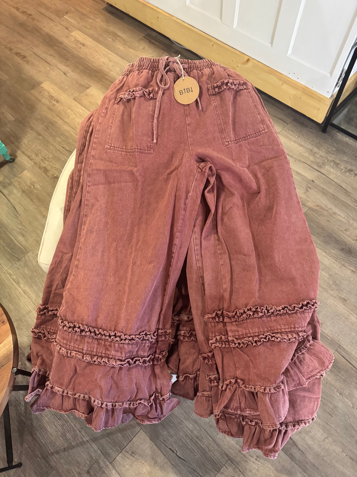 Burgundy Ruffle Denim Pants